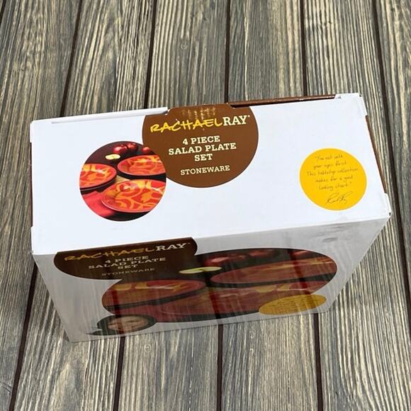 Rachael Ray 4 Piece Salad Plate Stoneware Gold Scroll Cranberry Red 8" Dinner - Picture 6 of 6